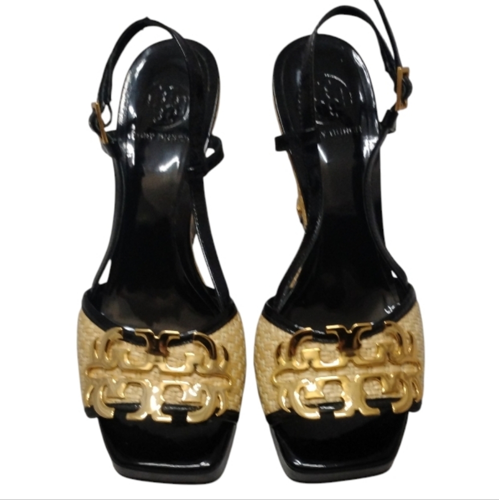 TORY BURCH | Patent Leather Espadrille Wedge Sandals | Black Tan | US 9 - Picture 2 of 9
